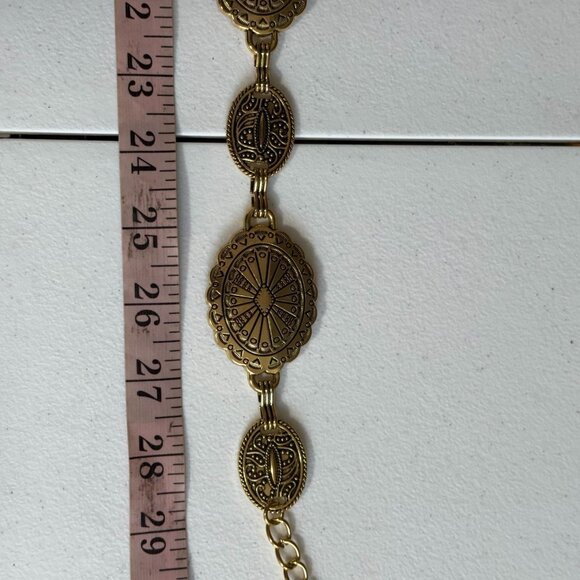 Vintage Oval Carved Concho Western Cowgirl Waist Chain Belt Womens Gold Ethnic - Picture 9 of 11